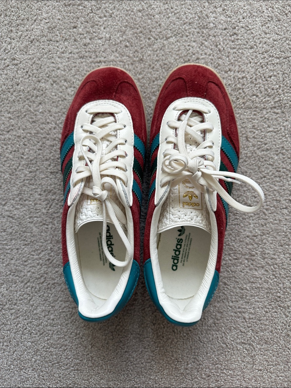 adidas Burgundy Suede Sneakers with Teal Accents and White Laces